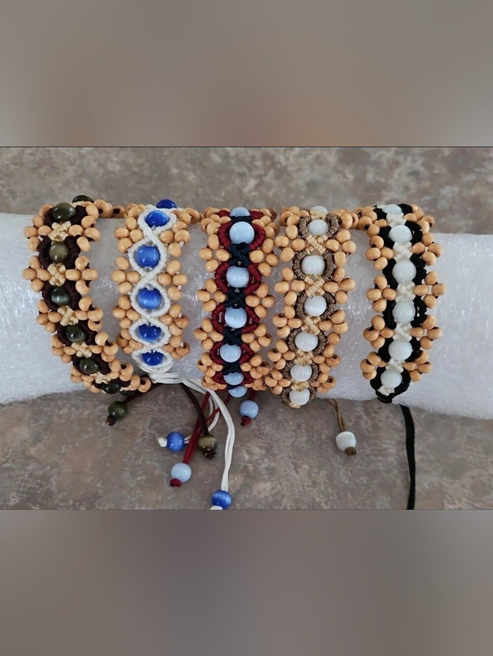Macrame Bead Bracelets • Boho Chic Beaded Wave Bracelet Adjustable Lot of 5